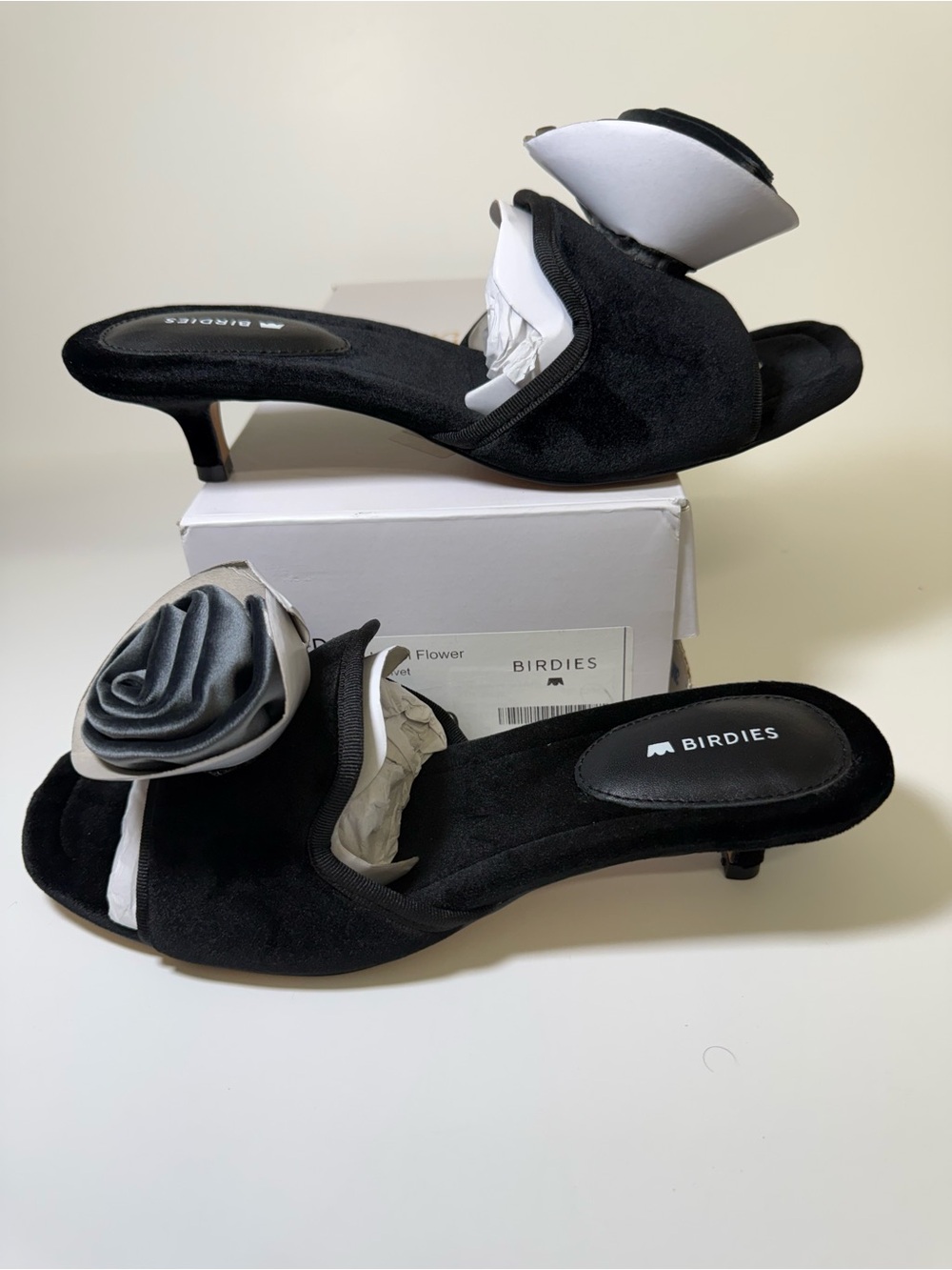 Birdies Black Suede Slide with Gray Satin Rosette